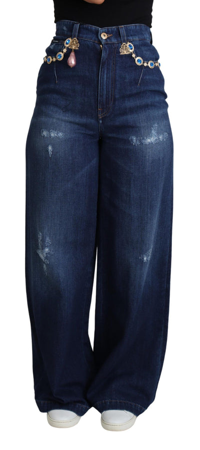 Blue Embellished Wide Leg Trouser Cotton Jeans