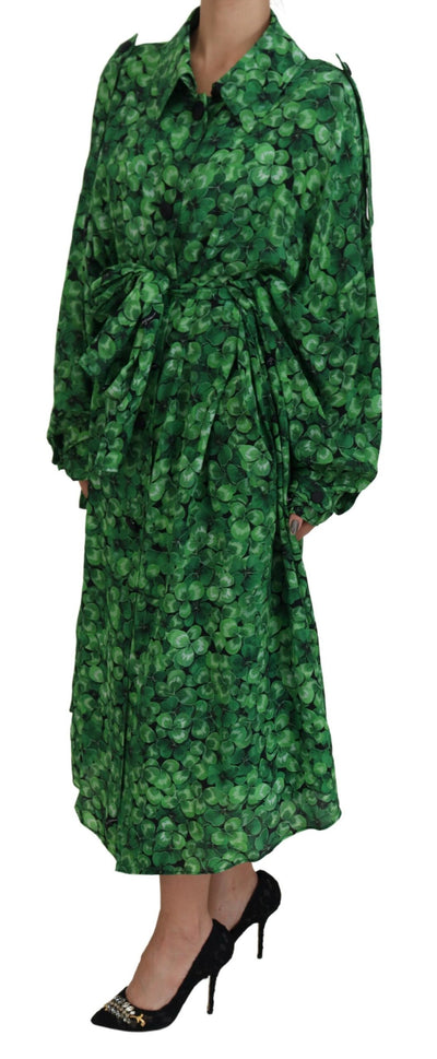 Green Leaves Print Silk Trench Coat Jacket