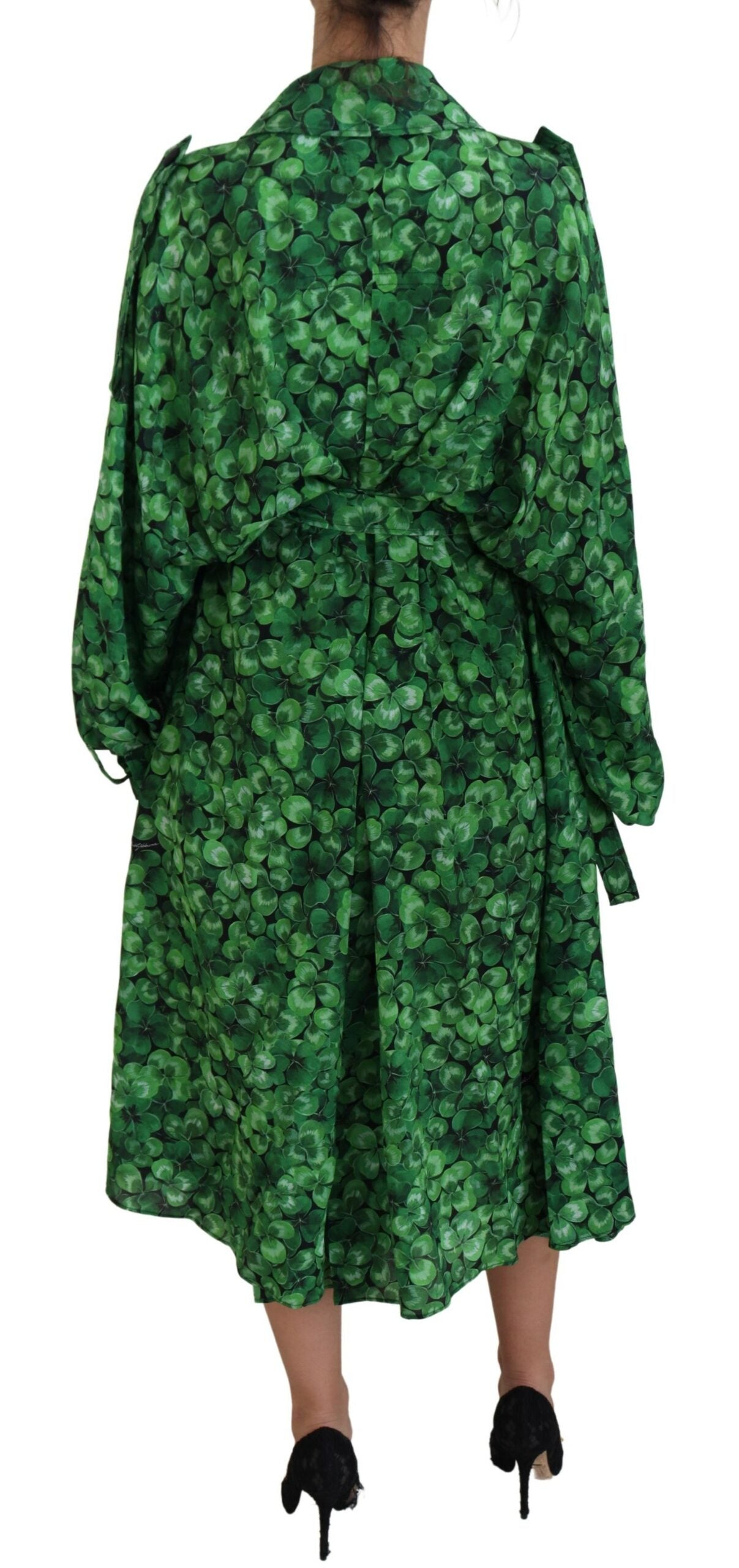 Green Leaves Print Silk Trench Coat Jacket