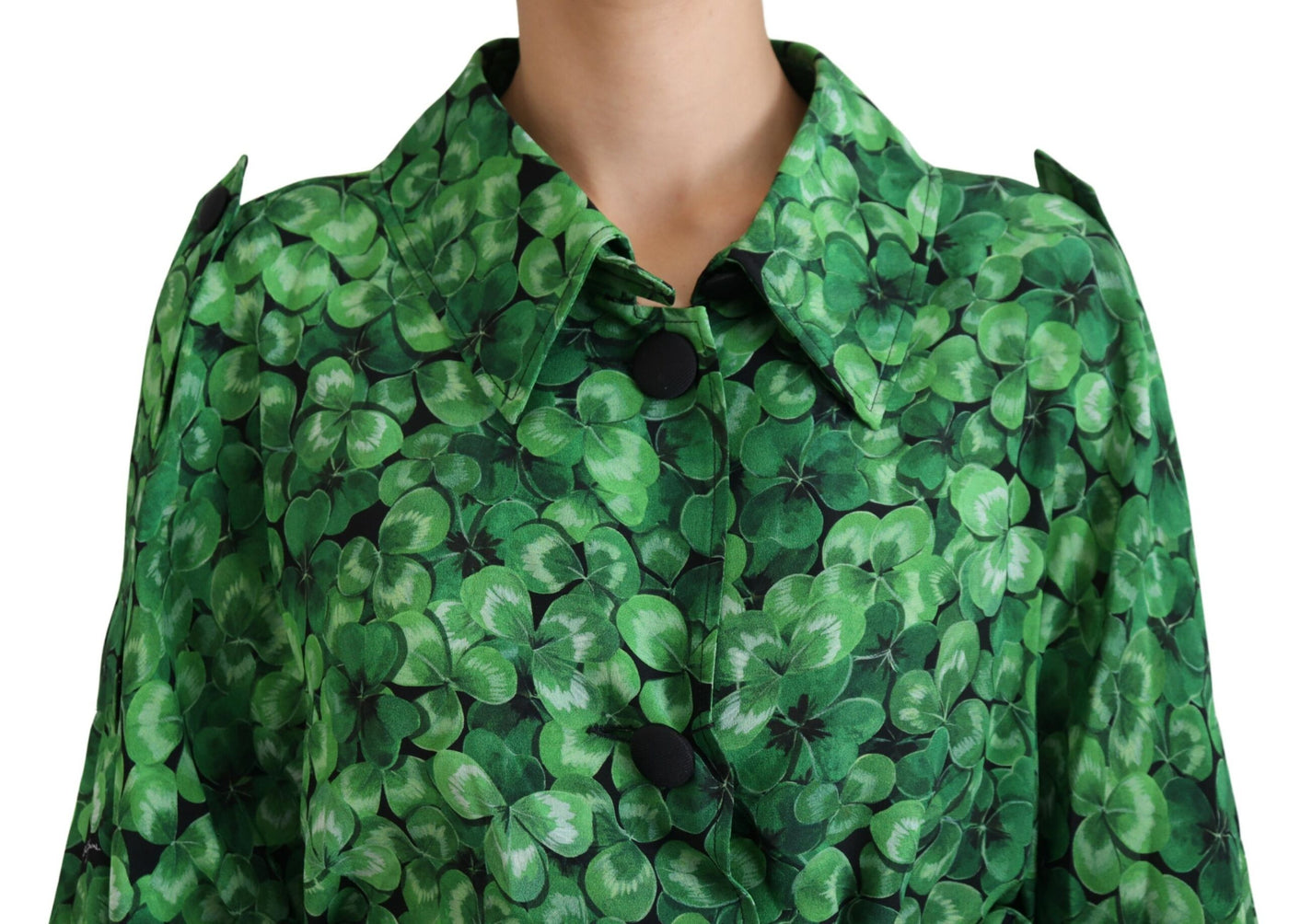 Green Leaves Print Silk Trench Coat Jacket