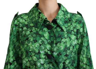 Green Leaves Print Silk Trench Coat Jacket