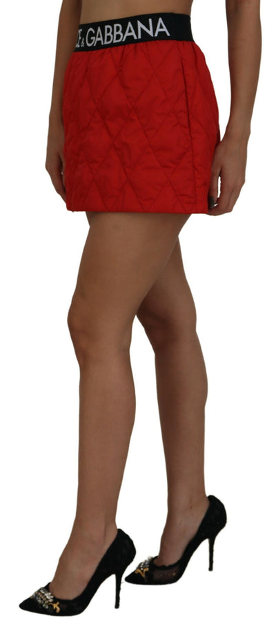 Red Quilted Nylon High Waist A-line Mini Skirt