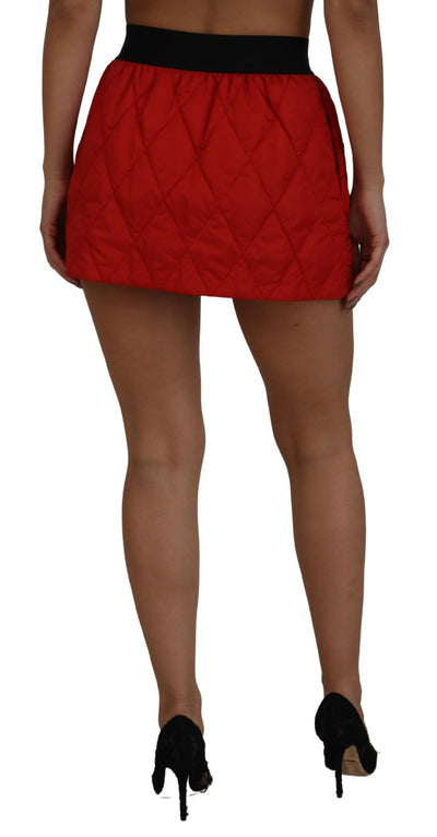 Red Quilted Nylon High Waist A-line Mini Skirt