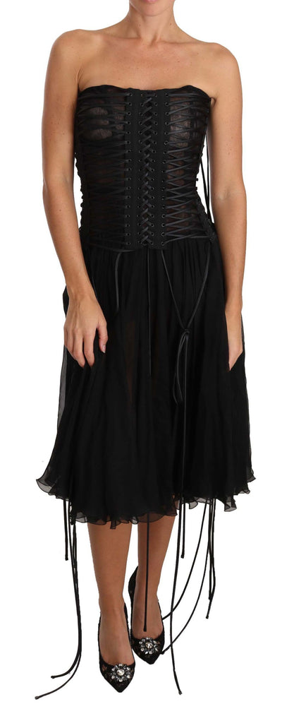 Black Strapless Corset A-line Midi Dress