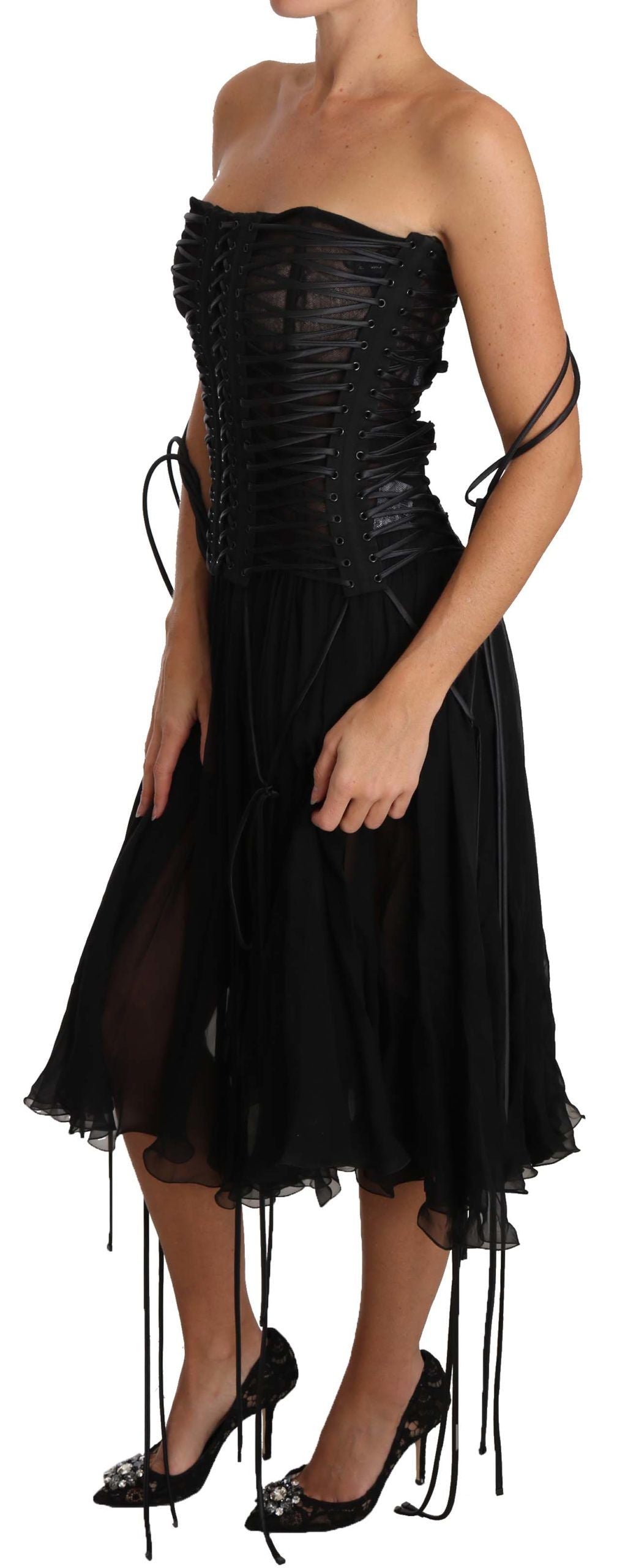 Black Strapless Corset A-line Midi Dress