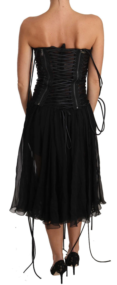 Black Strapless Corset A-line Midi Dress