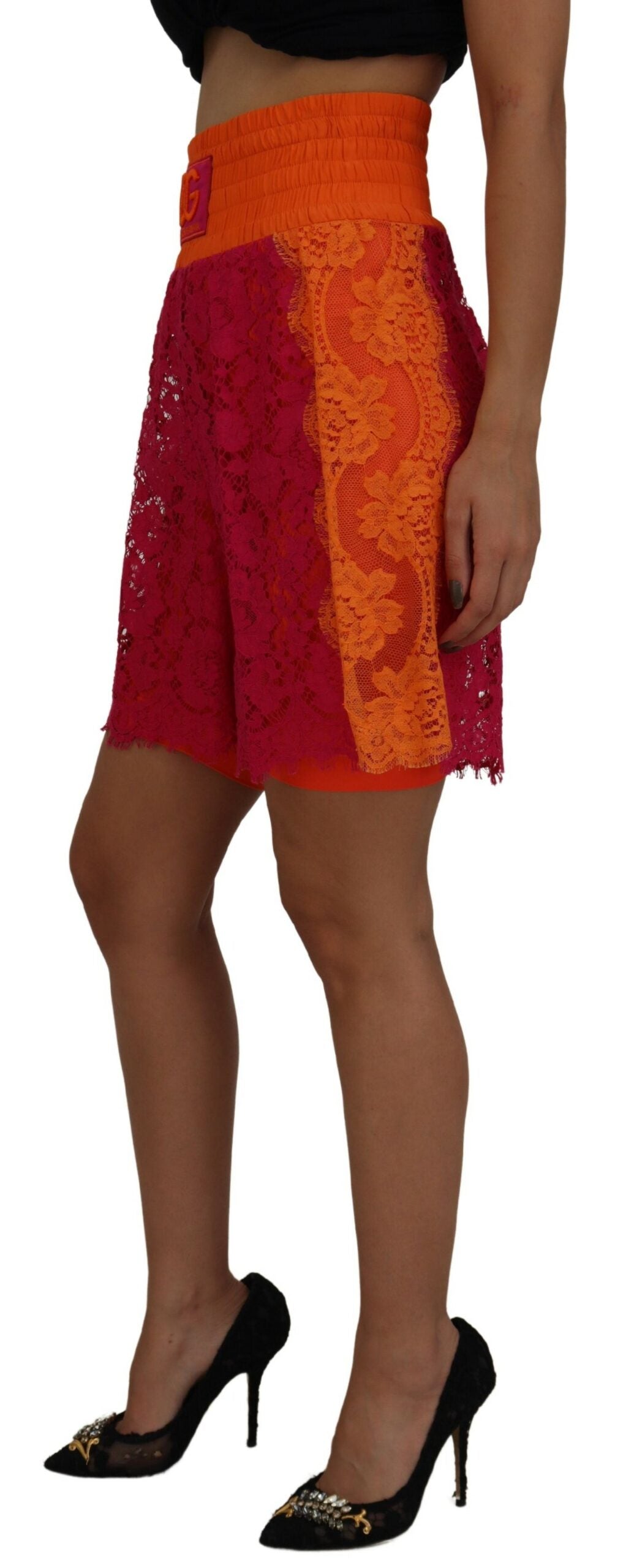 Pink Orange Lace Cotton High Waist Shorts