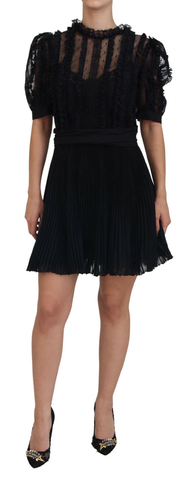 Black Lace Trim A-line Mini Nylon Dress