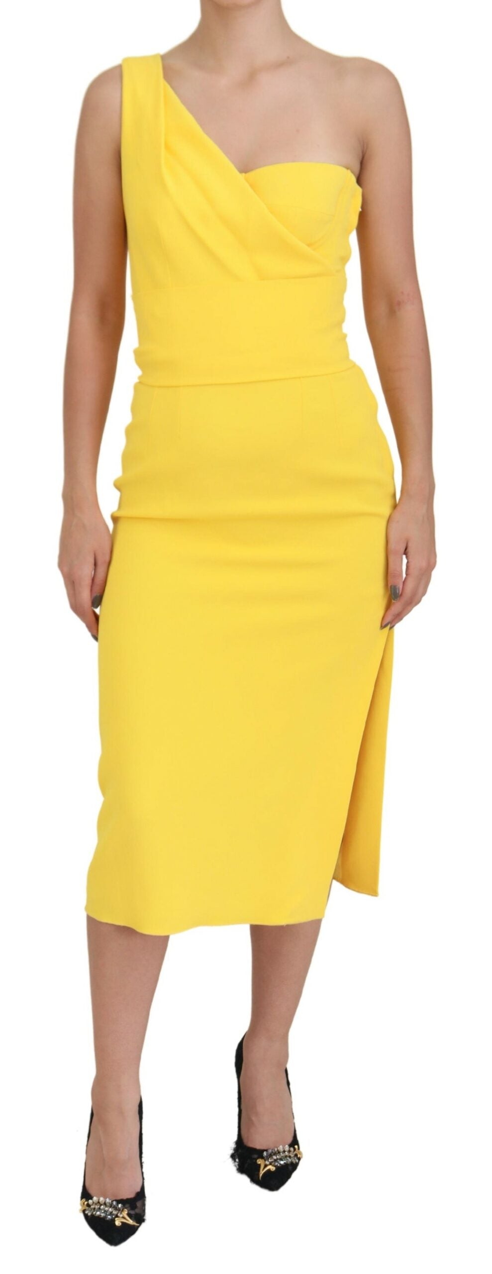 Yellow One Shoulder Side Slit Midi Dress