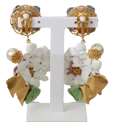 Purple Crystal Floral Pearl Hortensia Bouquet Clip-on Earrings