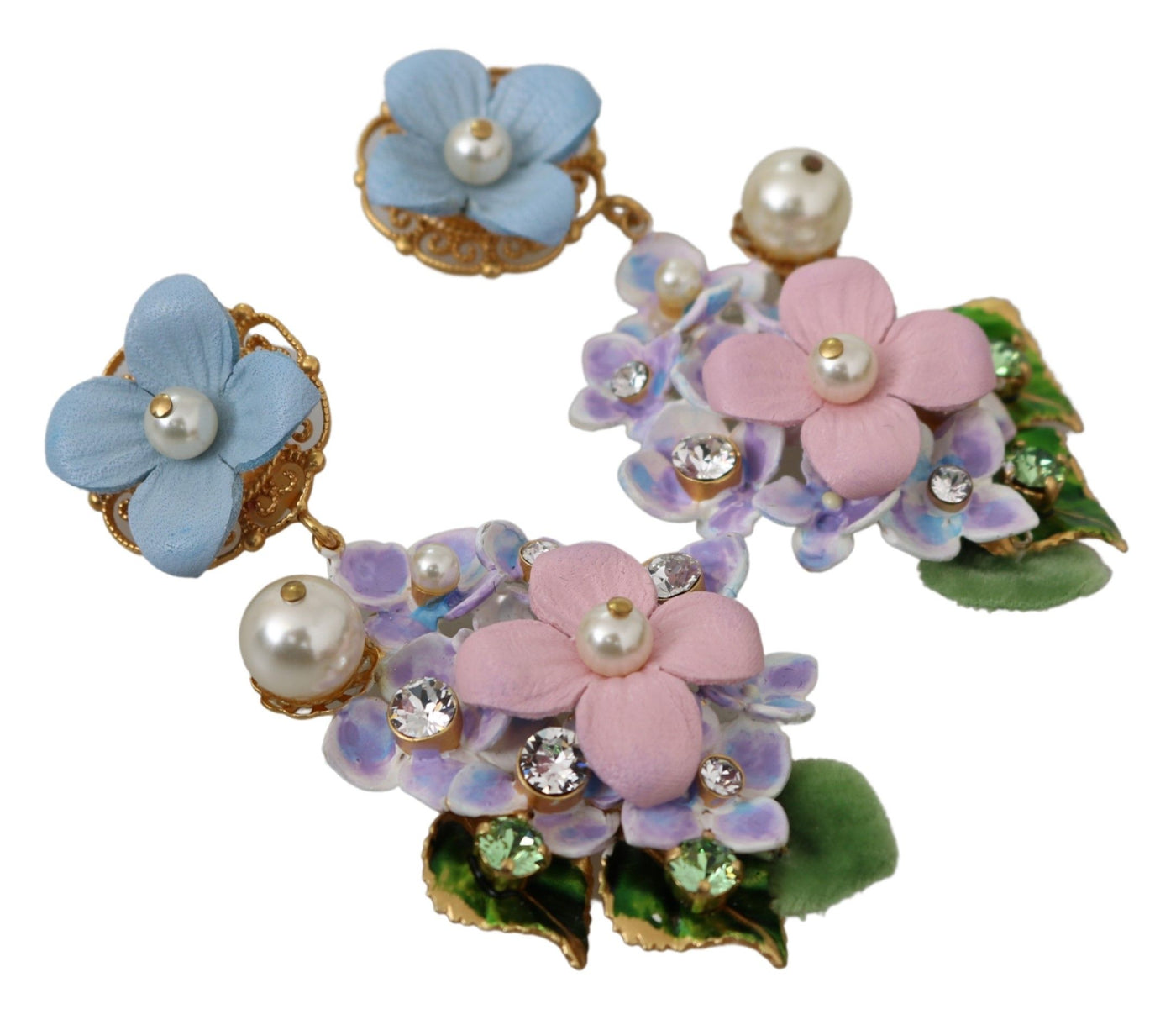 Purple Crystal Floral Pearl Hortensia Bouquet Clip-on Earrings