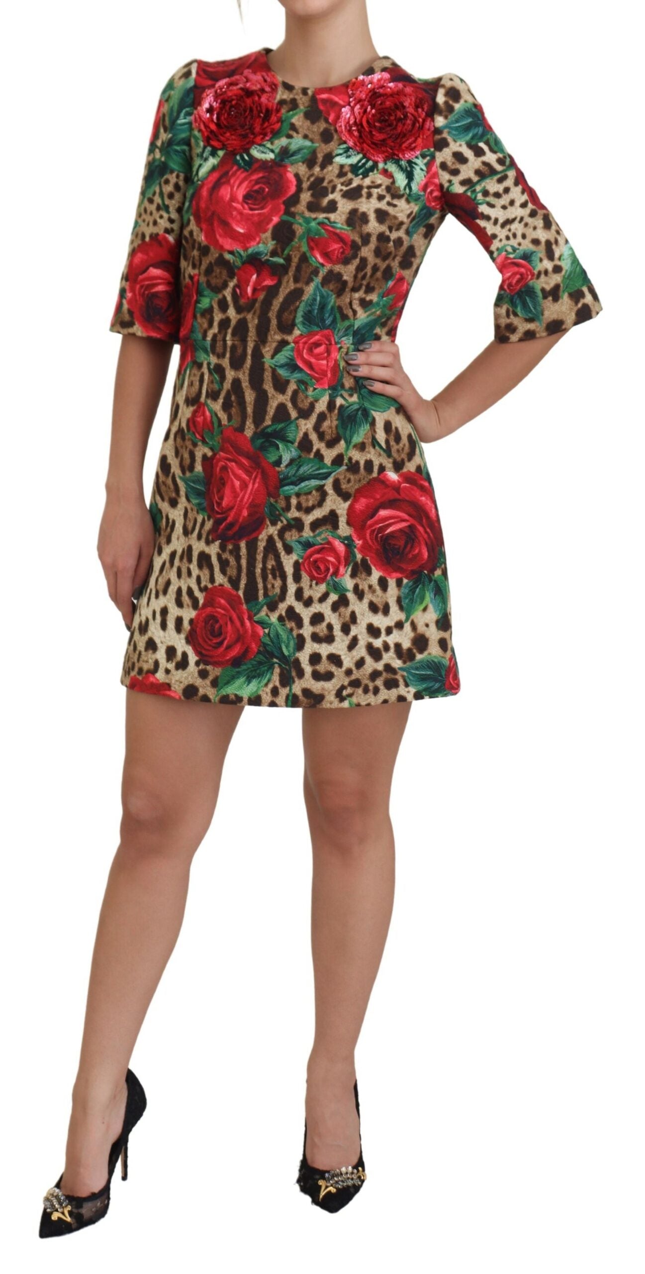 Brown Leopard Red Roses Cotton A-line Dress