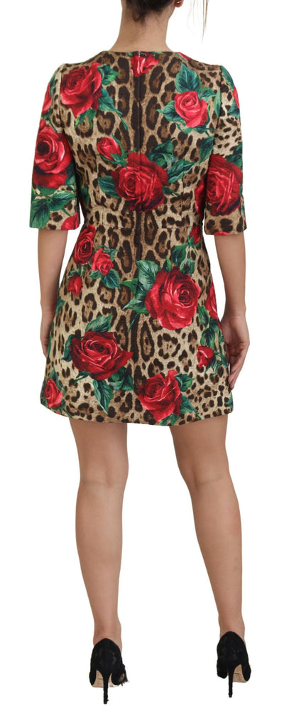 Brown Leopard Red Roses Cotton A-line Dress