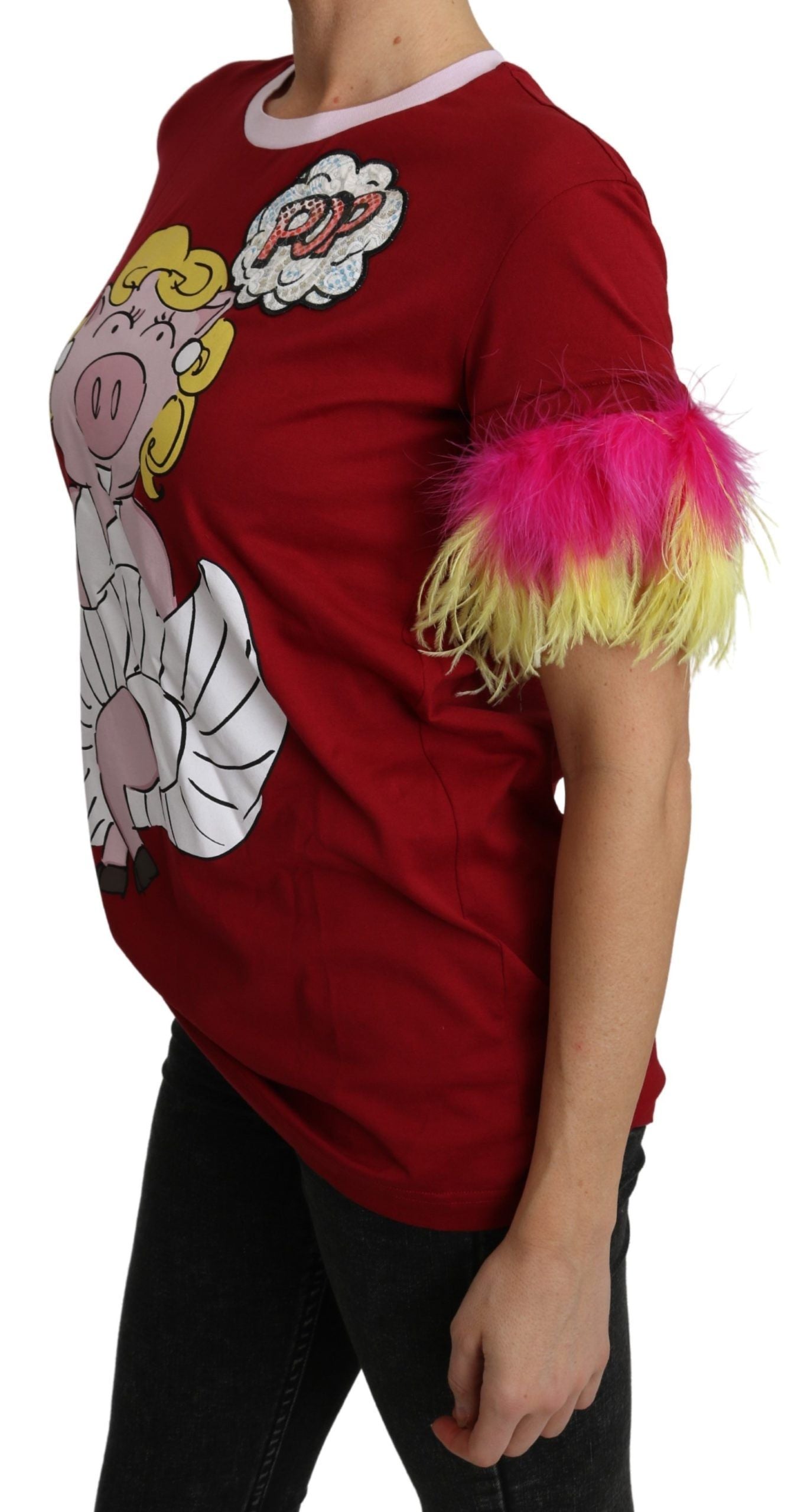 Red Pig Print Feather Sleeves T-shirt Top