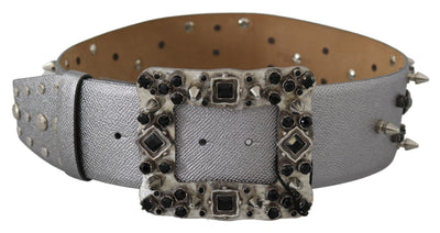 Silver Leather Crystal Stud Logo Buckle Belt