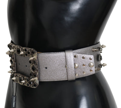 Silver Leather Crystal Stud Logo Buckle Belt