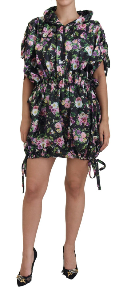 Black Floral Print Short Sleeves Mini Dress