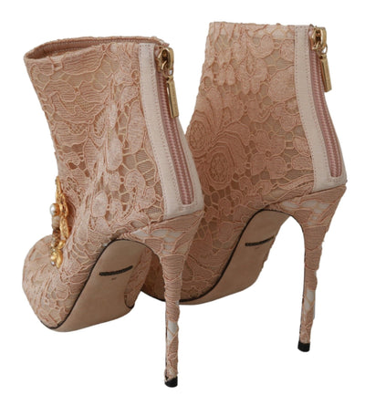 Pink Crystal Lace Booties Stilettos Shoes