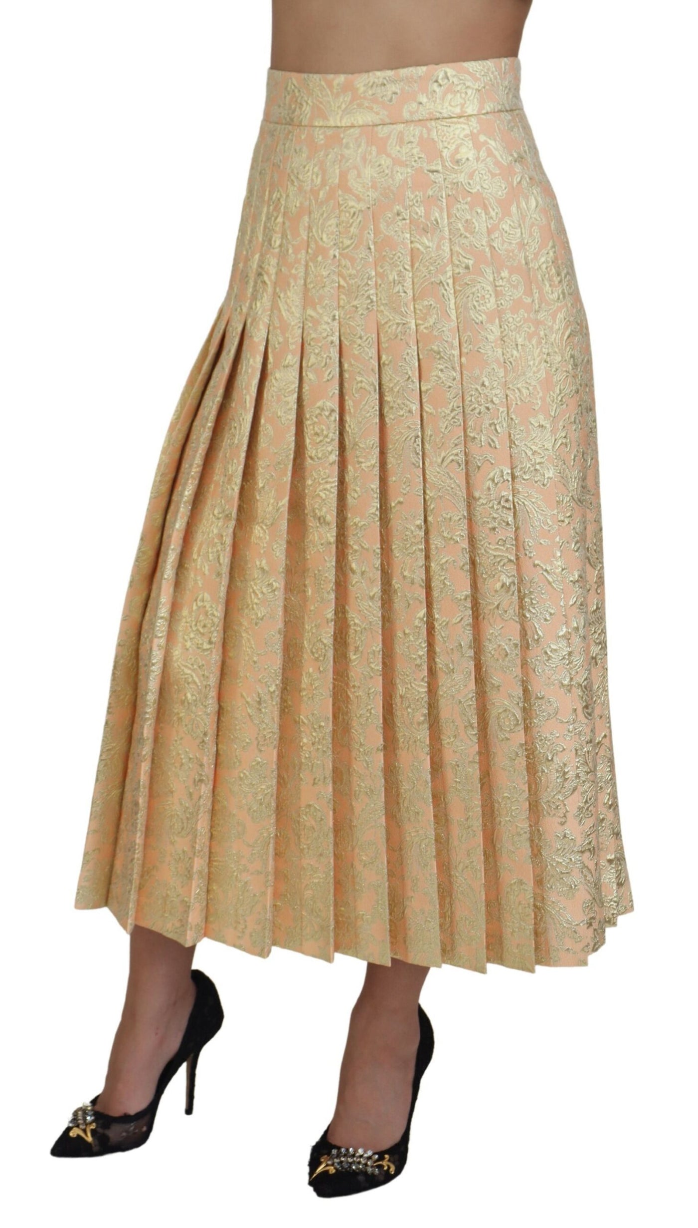 Beige Floral Jacquard Pleated Midi Skirt