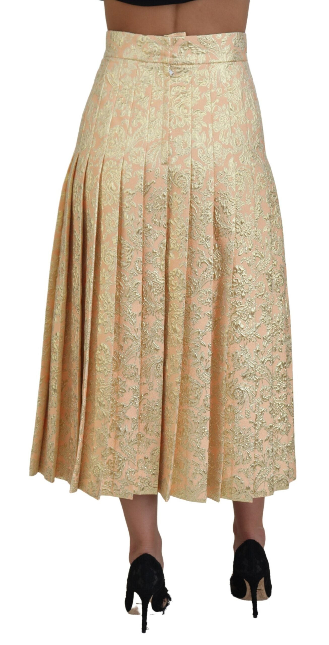 Beige Floral Jacquard Pleated Midi Skirt