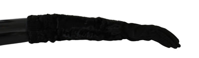 Black Elbow Length Mitten Suede Fur Gloves