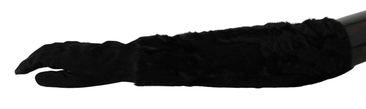 Black Elbow Length Mitten Suede Fur Gloves