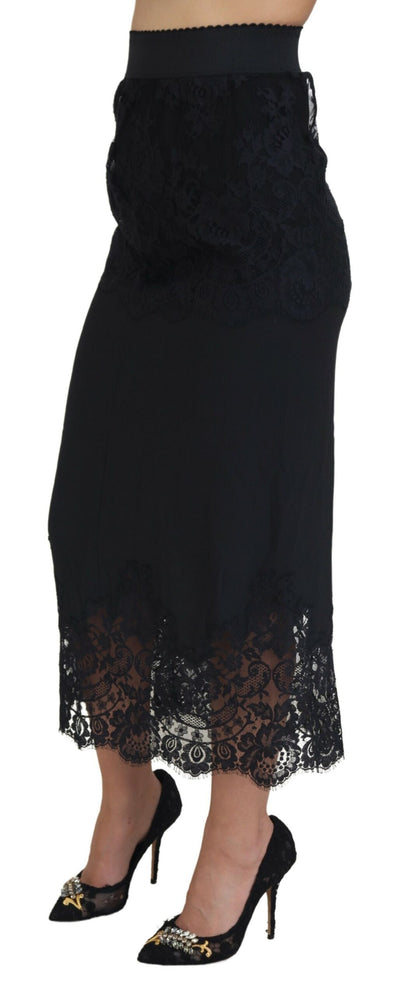 Black Silk Floral Lace High Waist Midi Skirt