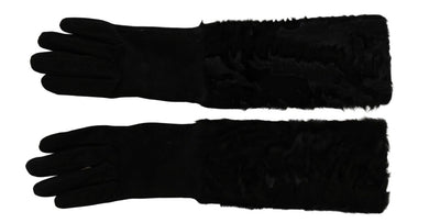 Black Elbow Length Mitten Suede Fur Gloves