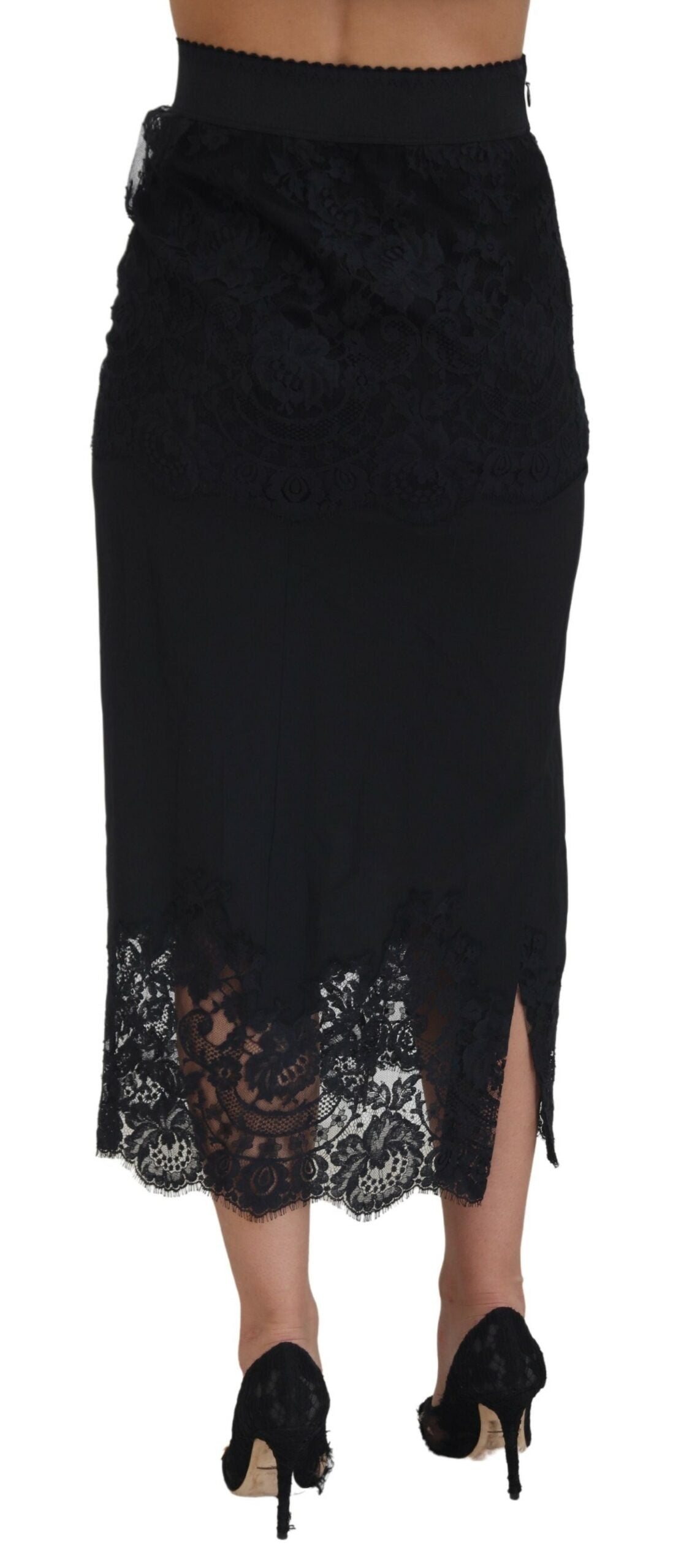 Black Silk Floral Lace High Waist Midi Skirt