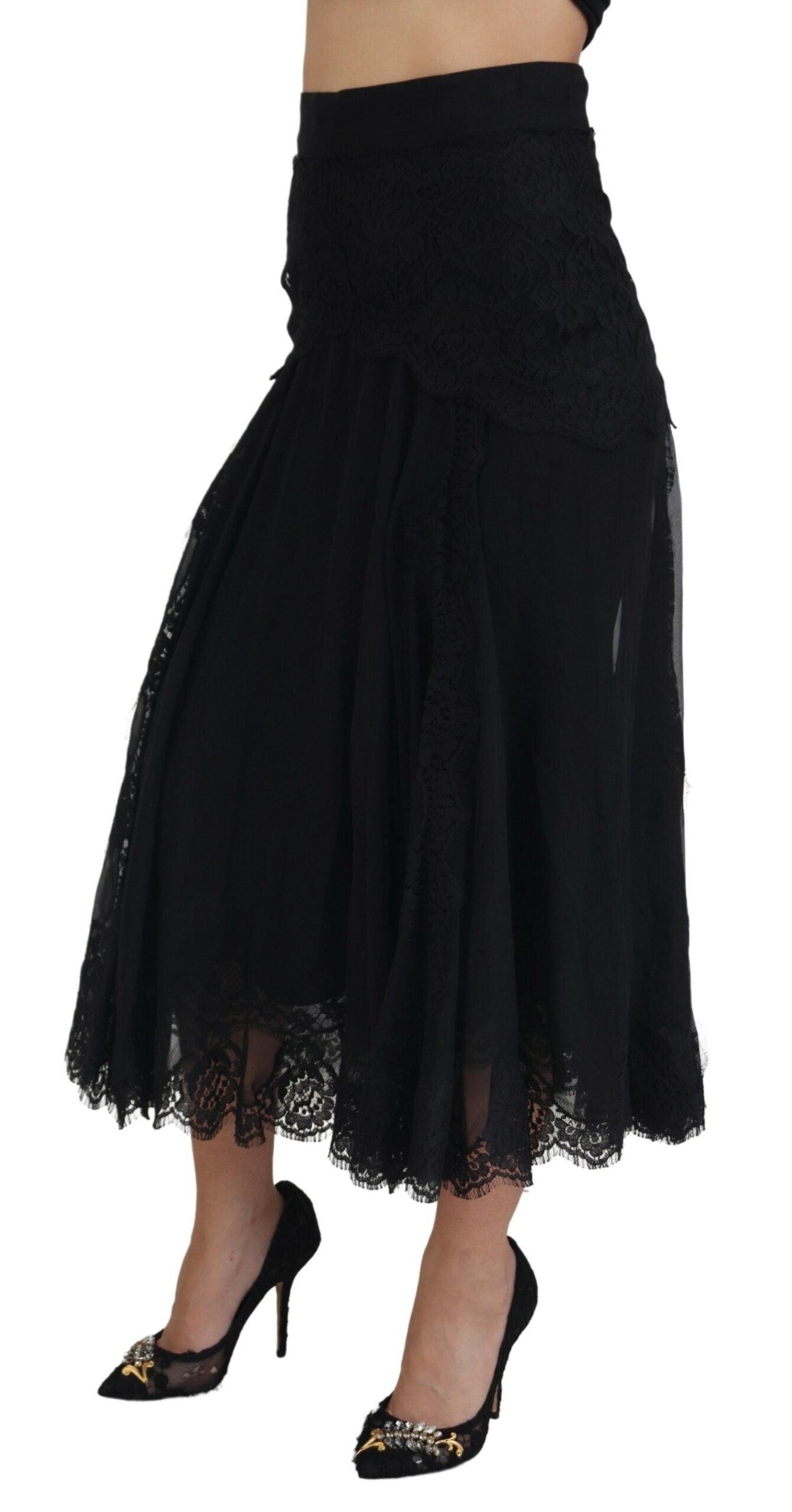 Black Silk Lace Trim High Waist Midi Skirt