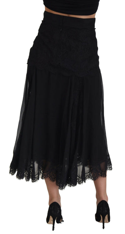 Black Silk Lace Trim High Waist Midi Skirt