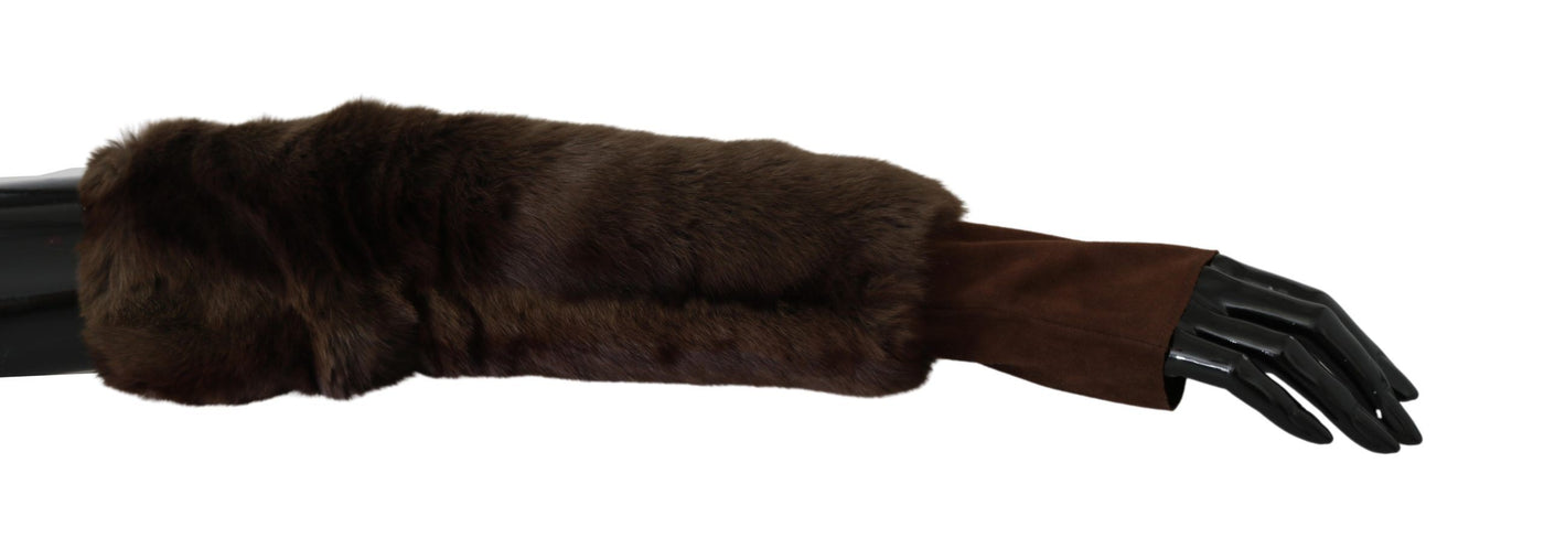 Brown Elbow Length Finger Less Fur Gloves