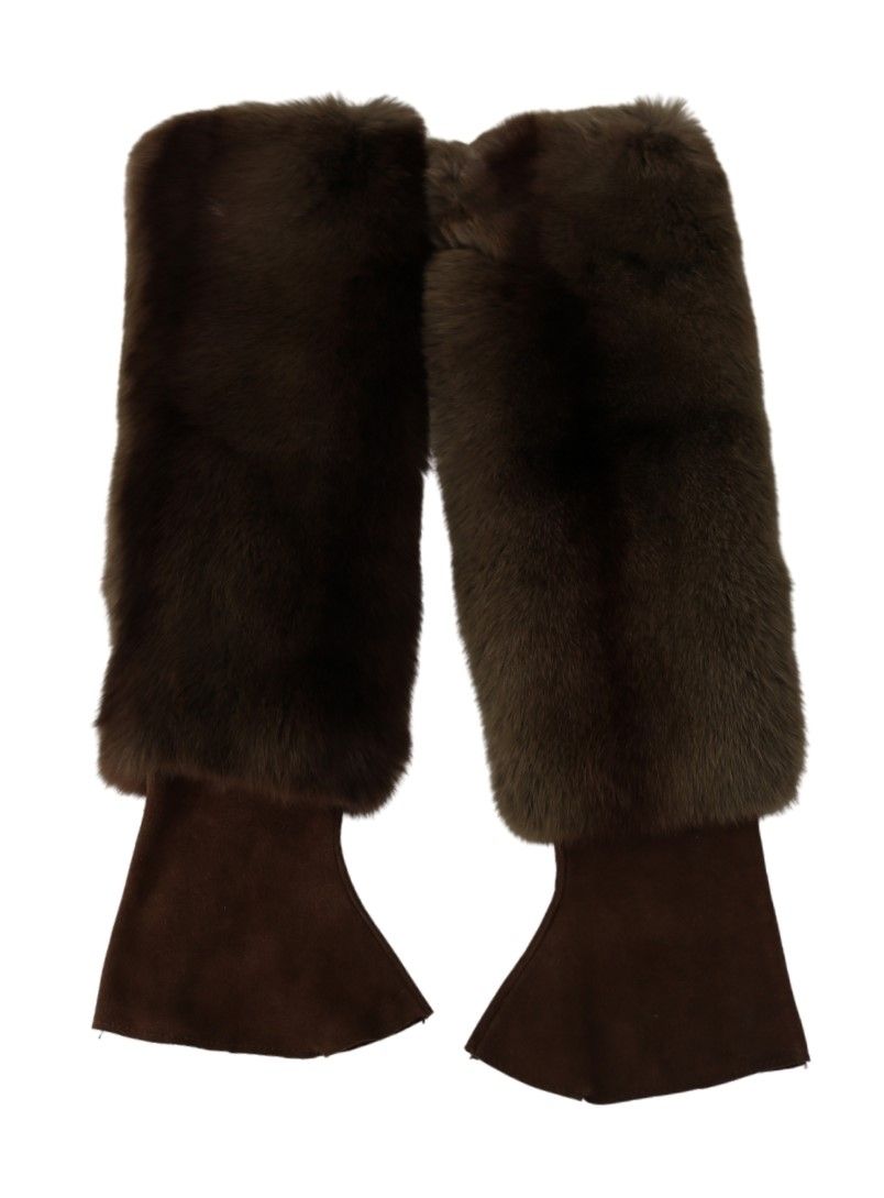 Brown Elbow Length Finger Less Fur Gloves