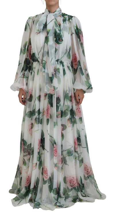 White Floral Roses Silk Maxi Long Gown Dress