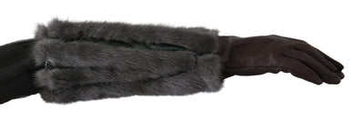 Brown Mid Arm Length Leather Fur Gloves