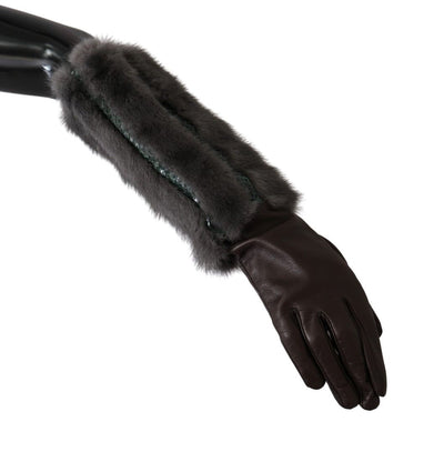 Brown Mid Arm Length Leather Fur Gloves