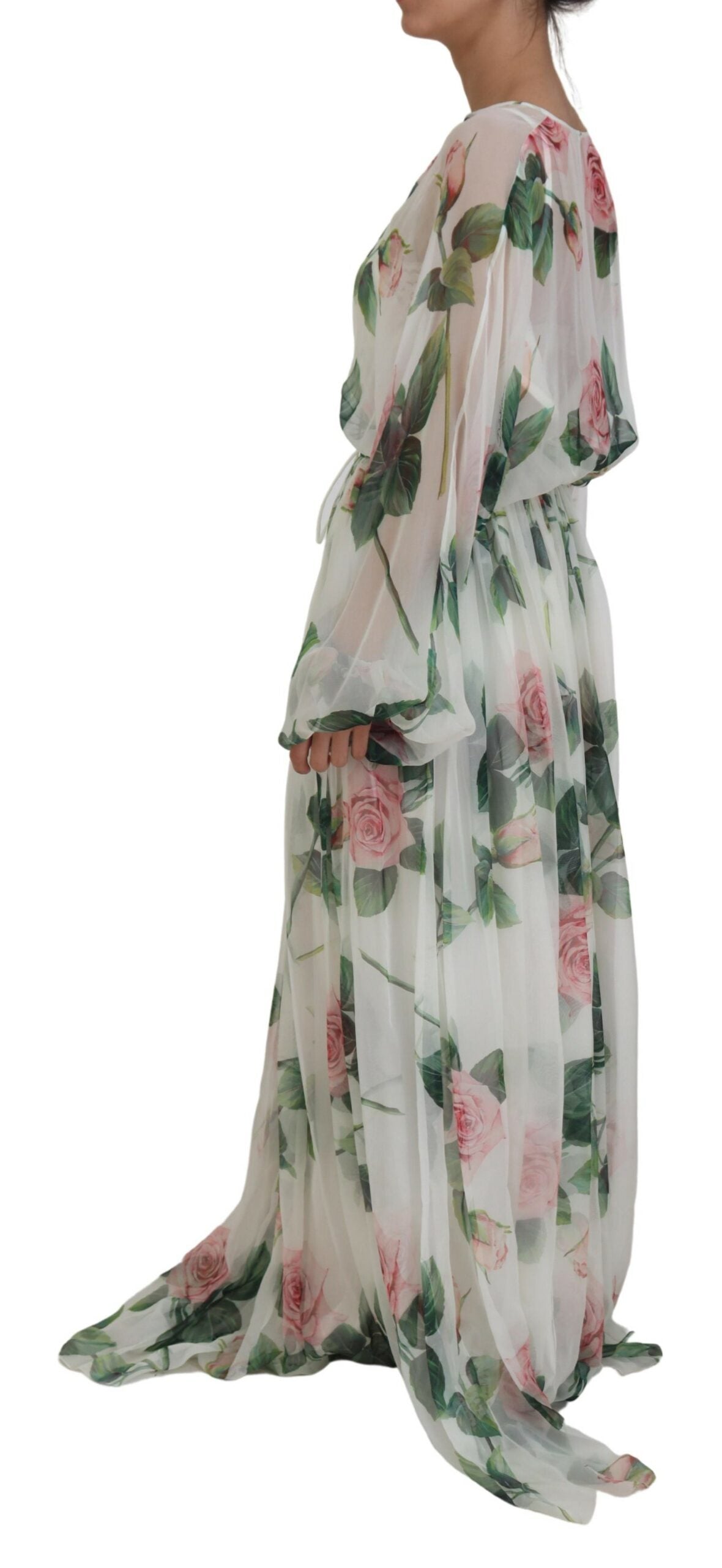 White Floral Roses Silk Maxi Long Gown Dress