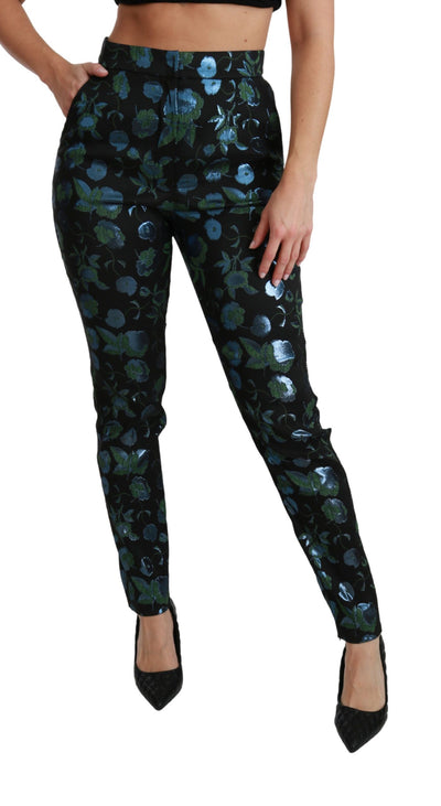 Blue Green Floral Metallic Slim Pants