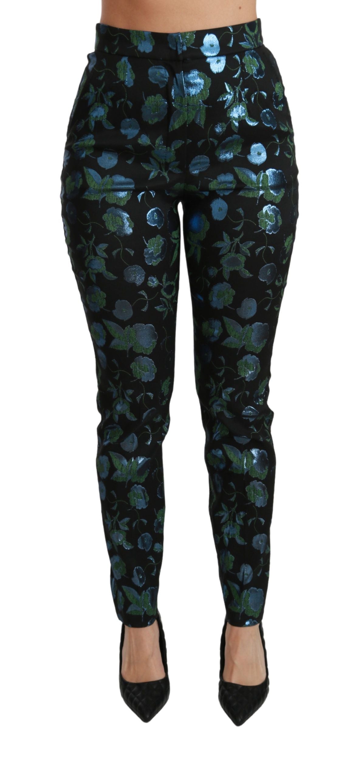 Blue Green Floral Metallic Slim Pants