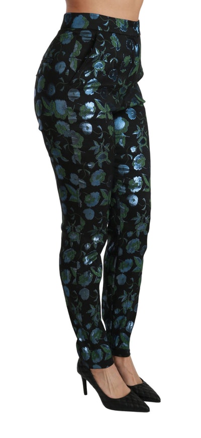 Blue Green Floral Metallic Slim Pants