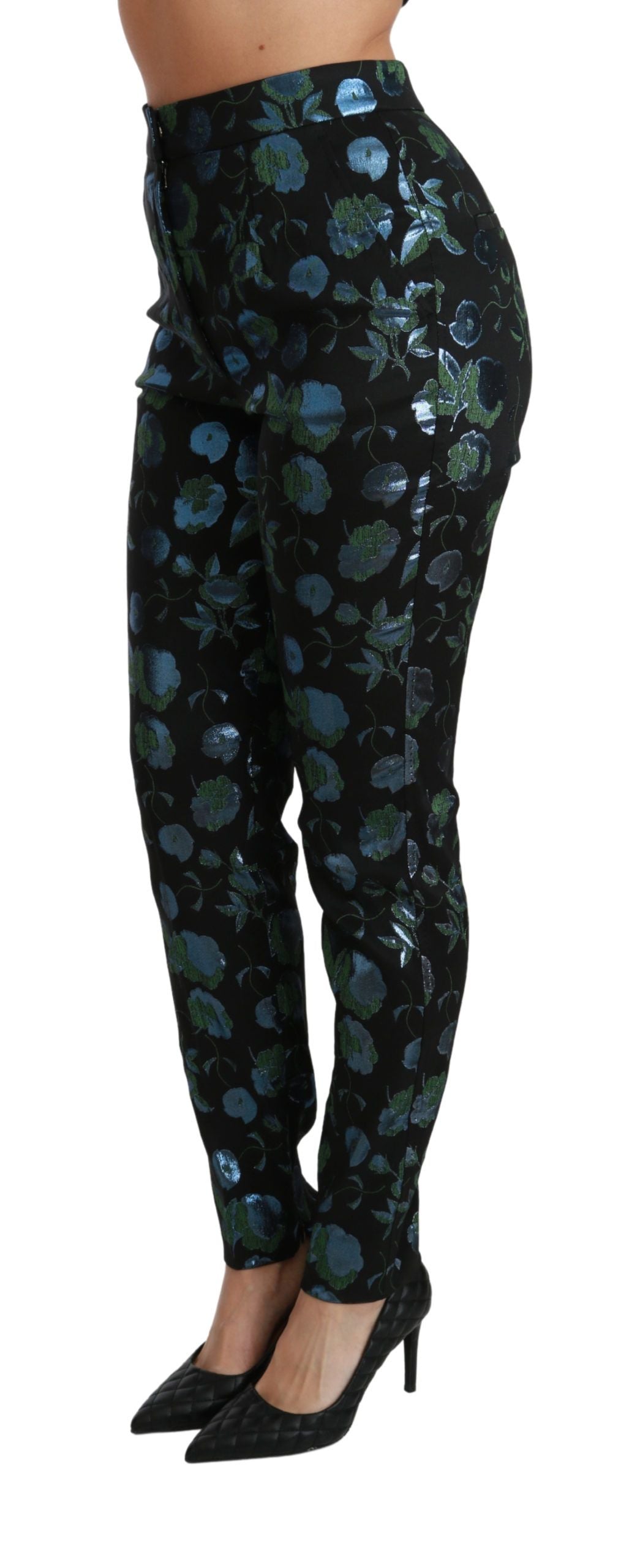 Blue Green Floral Metallic Slim Pants