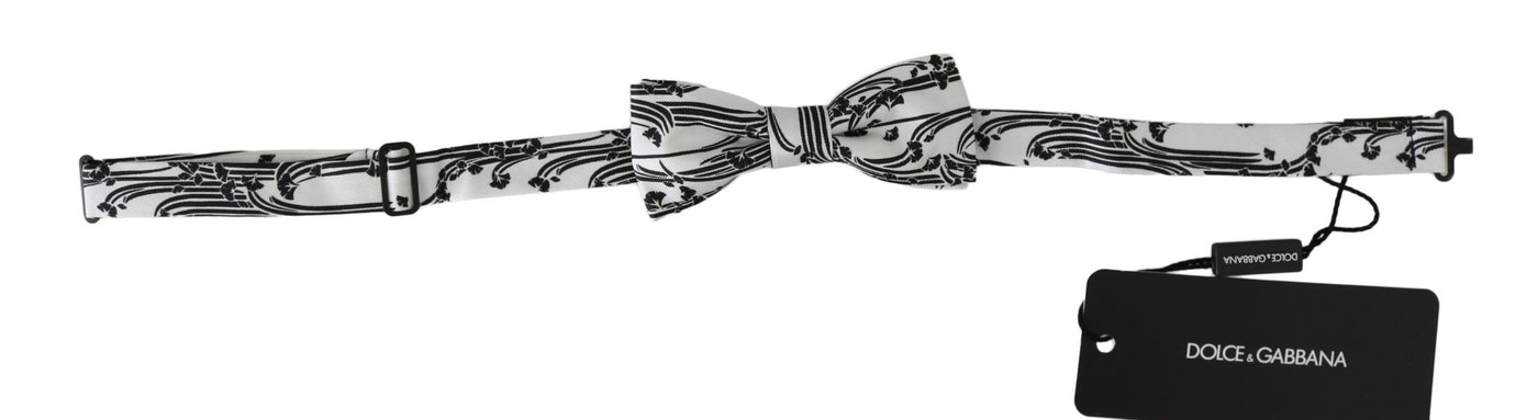 Men White Pattern Silk Adjustable Neck Papillon Bow Tie