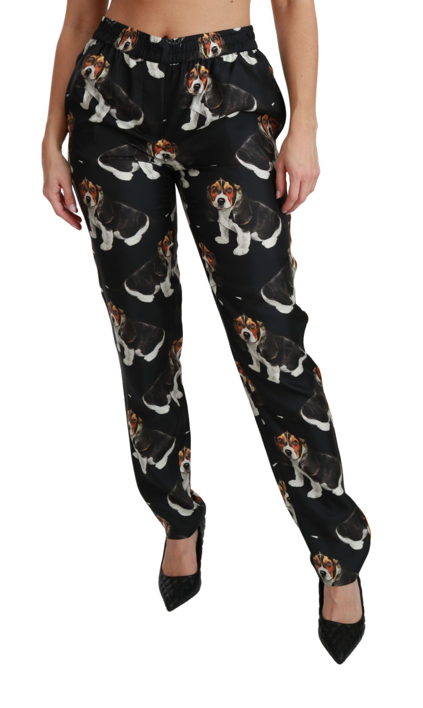 Black Puppy Dog Mid Waist Skinny Silk Pants