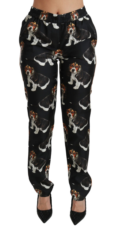 Black Puppy Dog Mid Waist Skinny Silk Pants