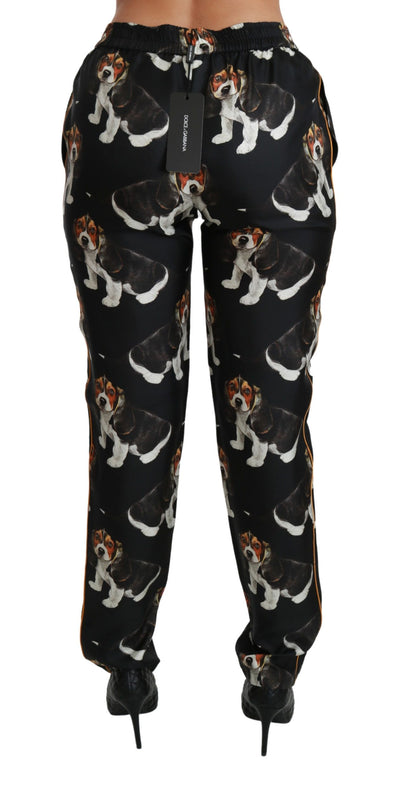 Black Puppy Dog Mid Waist Skinny Silk Pants