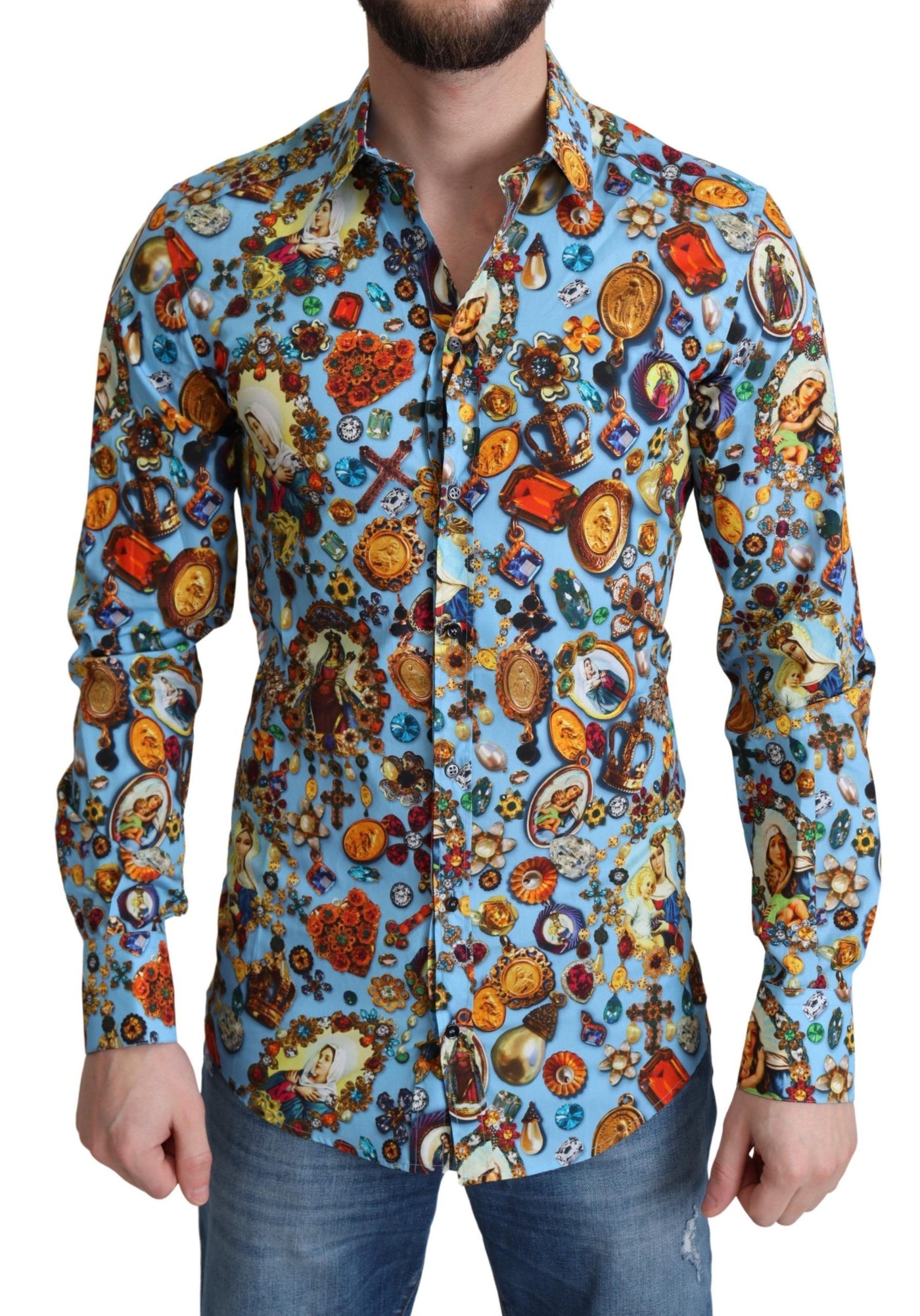 Blue Cotton Jewel Print Button Down GOLD Shirt