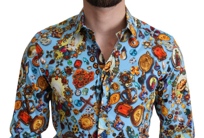 Blue Cotton Jewel Print Button Down GOLD Shirt