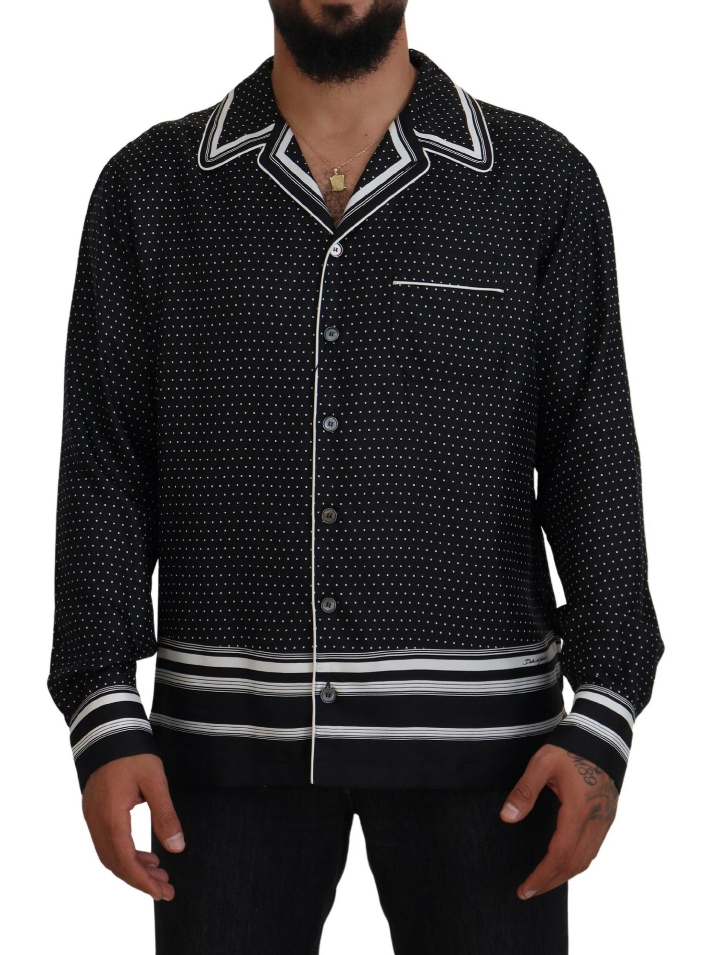 Black White Polka Dots Men Pajama Silk Top