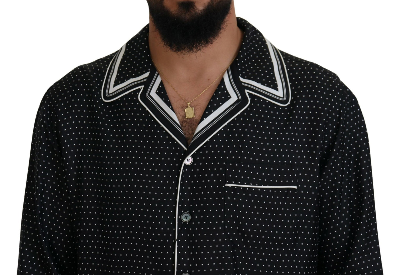 Black White Polka Dots Men Pajama Silk Top