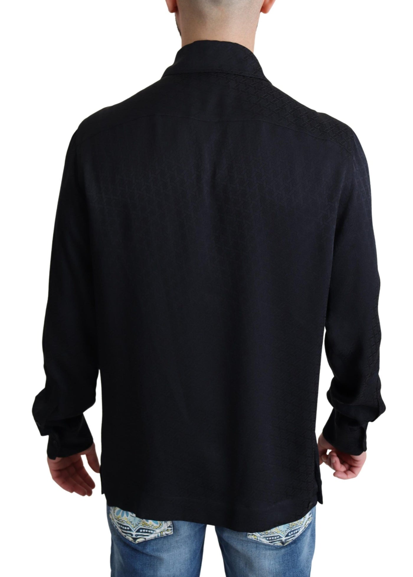 Black Jacquard Silk Casual Button Down Shirt